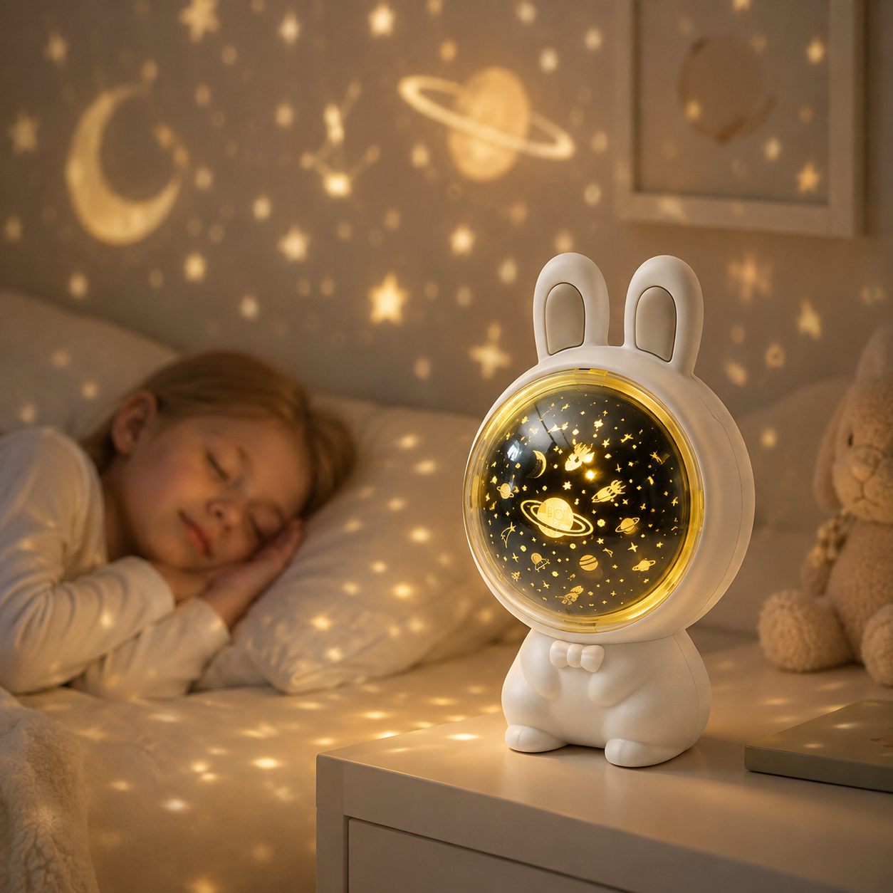 BunnyLume projector beside a sleeping child with warm star projection