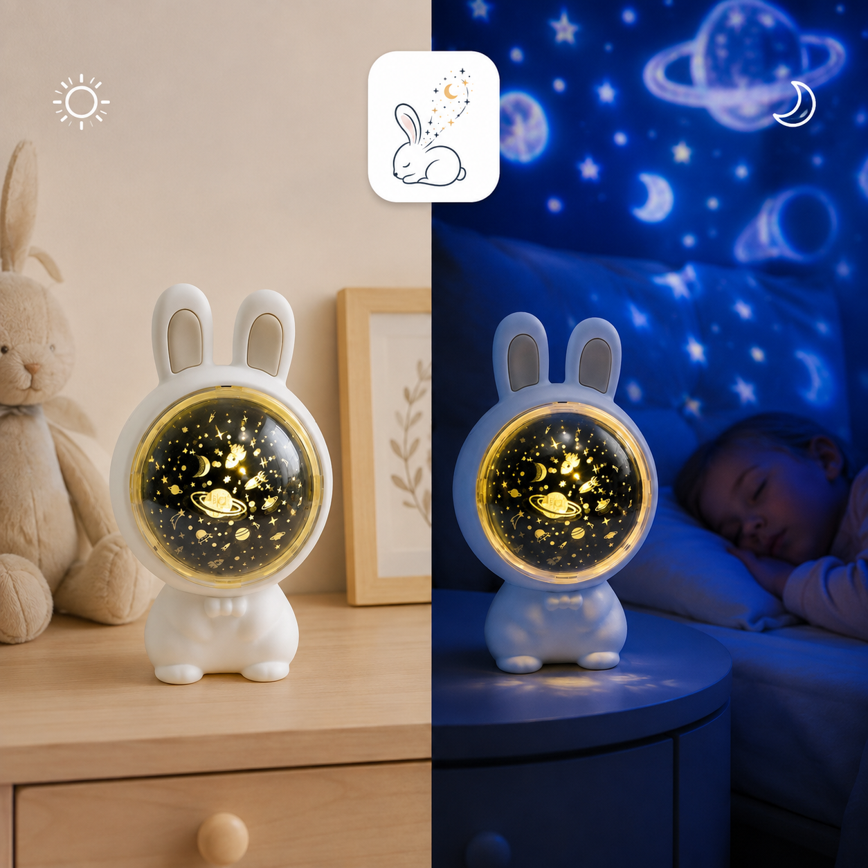 BunnyLume shown by day and at night projecting stars