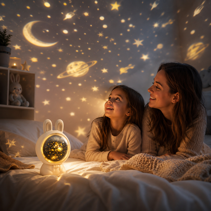 Parent and child enjoying BunnyLume star projection at bedtime
