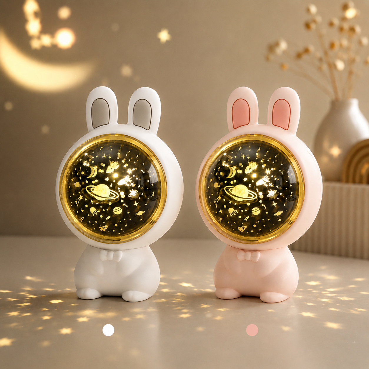 BunnyLume projector in white and pink color options