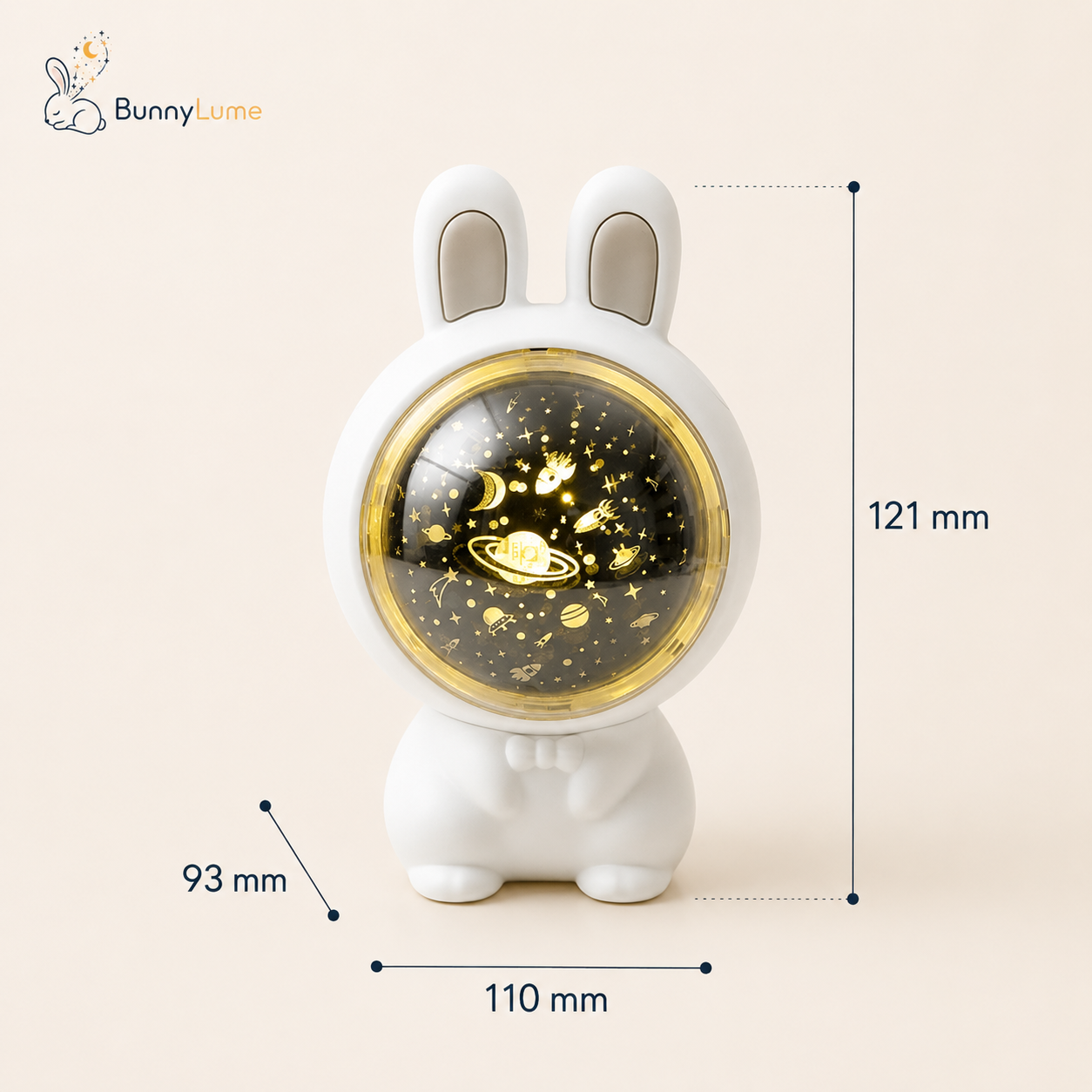 BunnyLume dimensions: 110 by 93 by 121 millimetres
