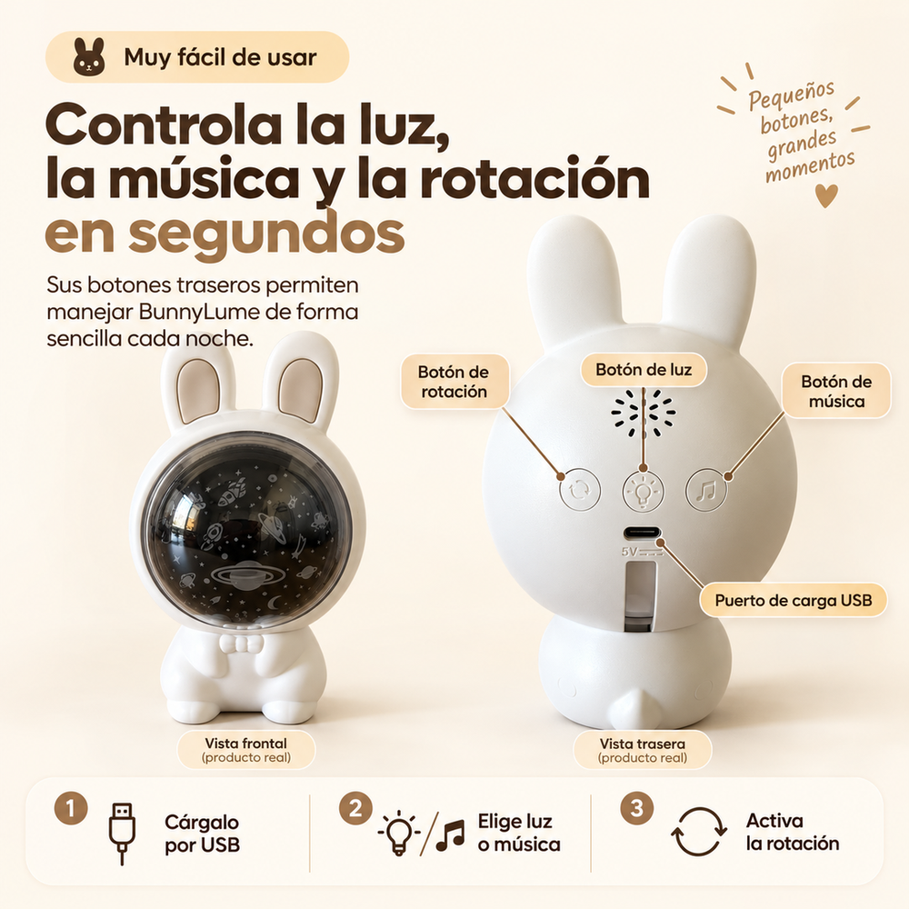 Controles traseros de BunnyLume para luz música rotación y carga USB